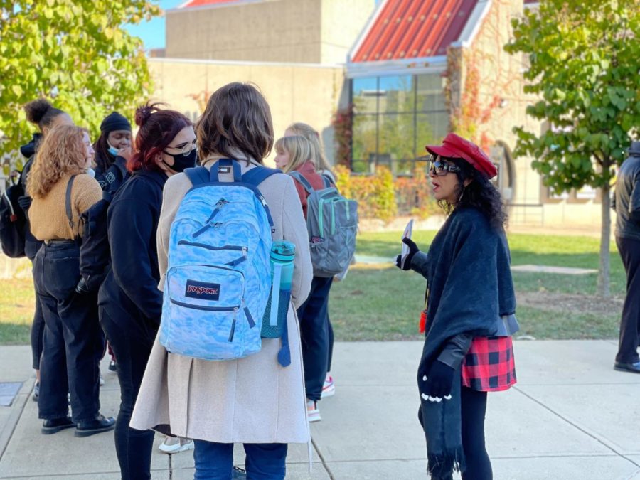 A woman affiliated with the Center for Bio-Ethical Reform (right) speaks to NKU students.