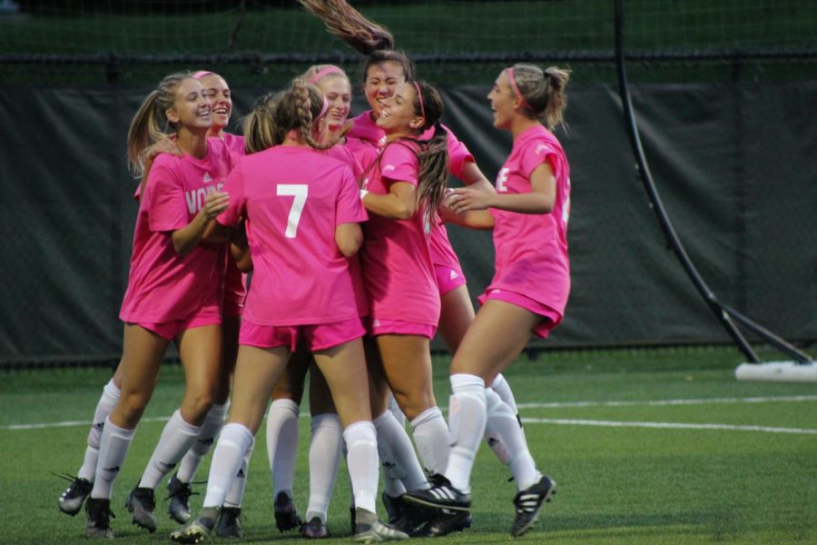 Members of the NKU womens soccer team celebrate a goal in the first half against Purdue Fort Wayne. The Norse defeated the Mastodons 6-2 on Thursday.