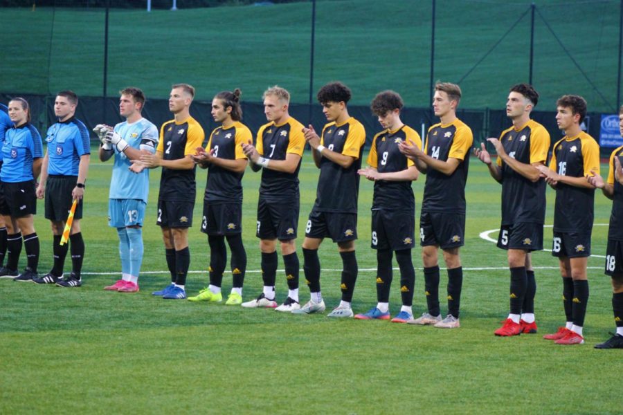 The starters for the NKU mens soccer team are introduced before their match against Detroit Mercy on Saturday.