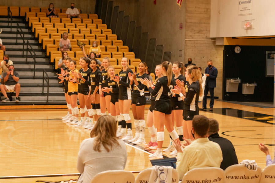The NKU womens volleyball team during pregame introductions against IUPUI on Oct. 9.