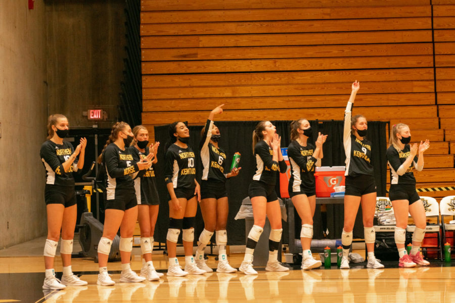 Players on the NKU volleyball team cheer from the bench as the Norse defeat IUPUI on Saturday.