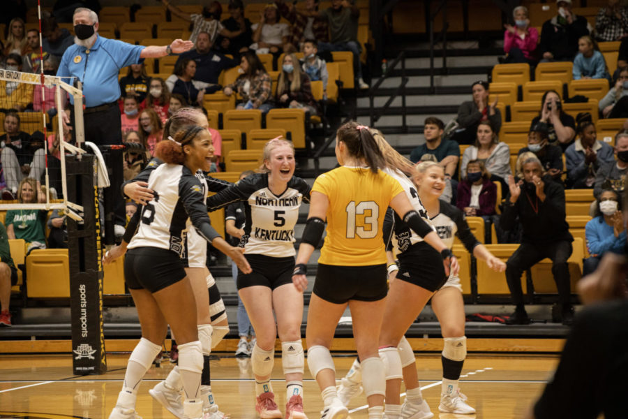 NKU volleyball players celebrate a point during the teams 3-2 loss to Wright State.
