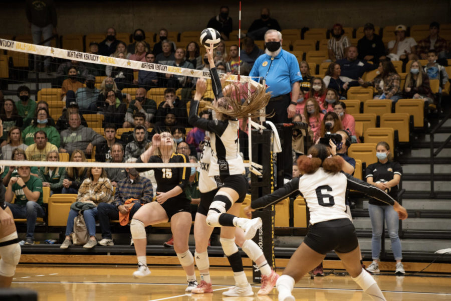 Several NKU players go for the ball during NKUs 3-2 loss to Wright State on Friday.