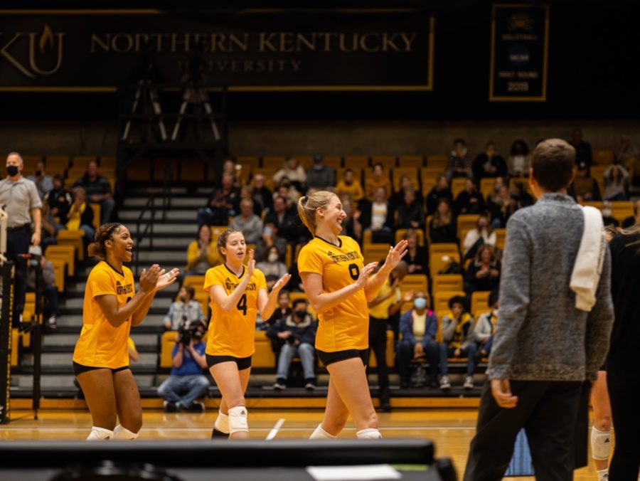 NKU players celebrate a point during the 3-0 win over Green Bay on Friday.