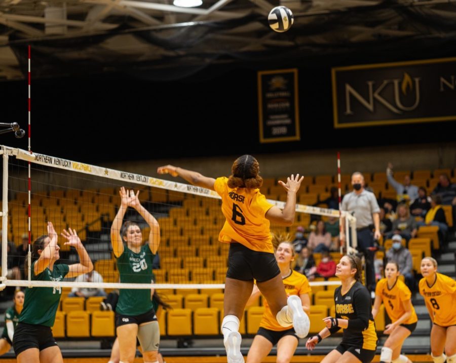 NKU's Joy Banks (6) goes up for the kill during the Norse 3-0 win over Green Bay on Friday.