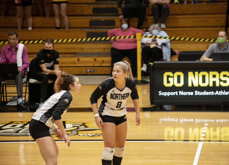 Members of the NKU volleyball team during the Norse 3-2 loss to Wright State on Friday.