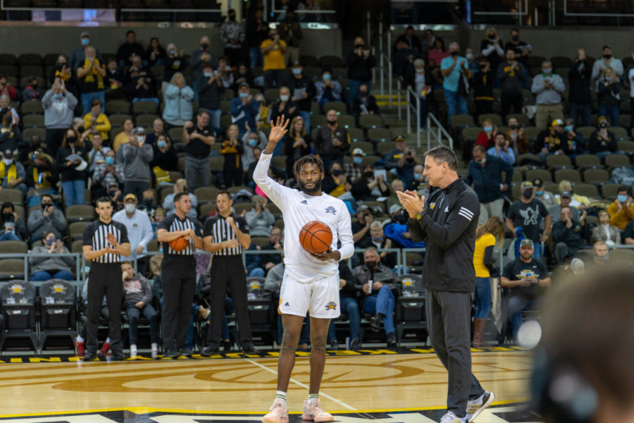 NKU guard Trevon Faulkner is honored pregame for recording his 1,000th career point last Friday against UNC Greensboro.