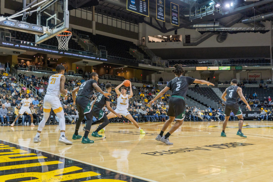 NKU forward David Bӧhm makes a move in the post against Eastern Michigan on Thursday night.