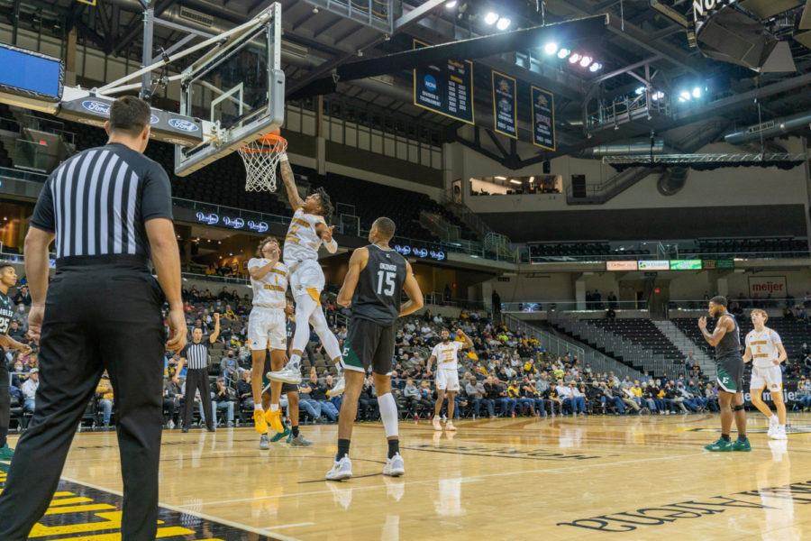 NKU forward Chris Brandon finishes at the rim against Eastern Michigan on Thursday. Brandon finished with 11 points.