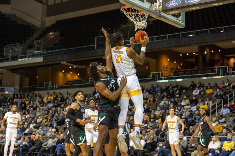 NKU forward Chris Brandon (21) during the Norse 74-73 win over Eastern Michigan. 