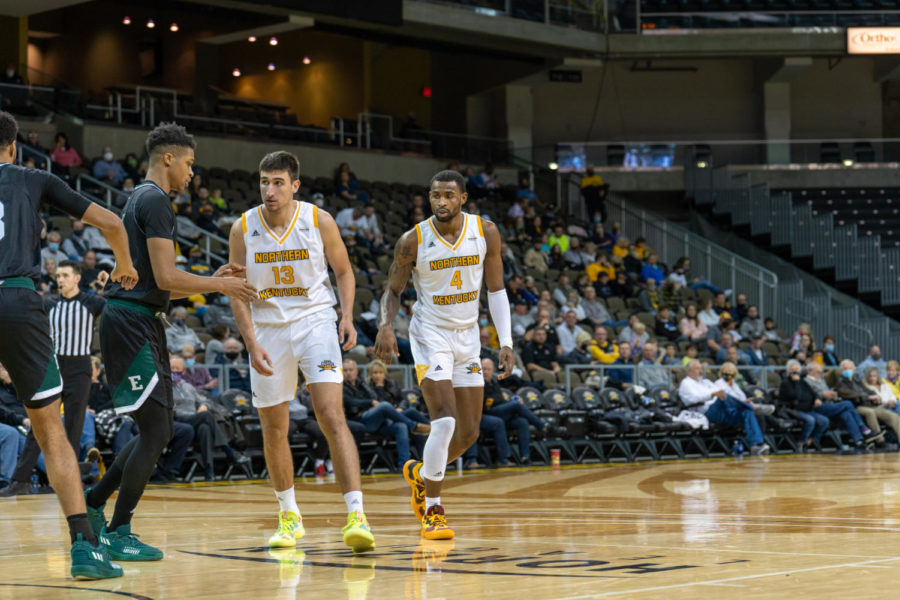 Adrian Nelson (4) and David Bӧhm (13) during NKUs 74-73 win over Eastern Michigan. The duo combined for 22 points.