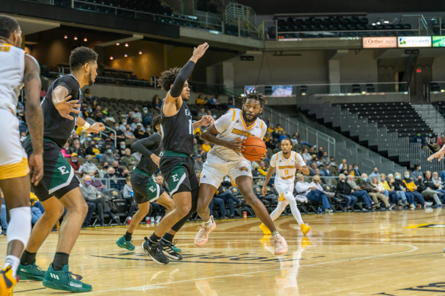 NKU guard Trevon Faulkner drives toward the basket on Thursday against Eastern Michigan.