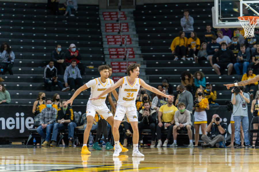 Hubertas Pivorius and Trey Robinson on defense against Eastern Michigan at BB&T Arena.