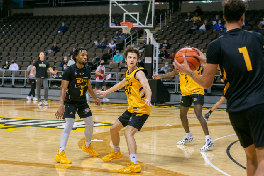 NKU guard Hubertas Pivorius defends on the perimeter during an open practice.