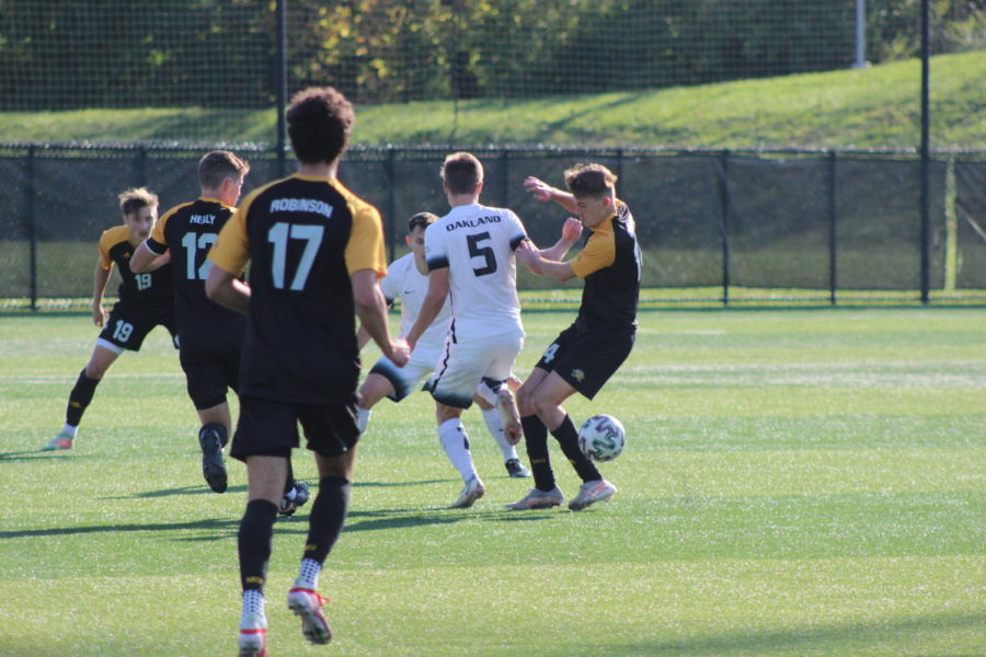 NKU and Oakland players battle for the ball on Wednesday afternoon during the Golden Grizzlies 2-1 win.