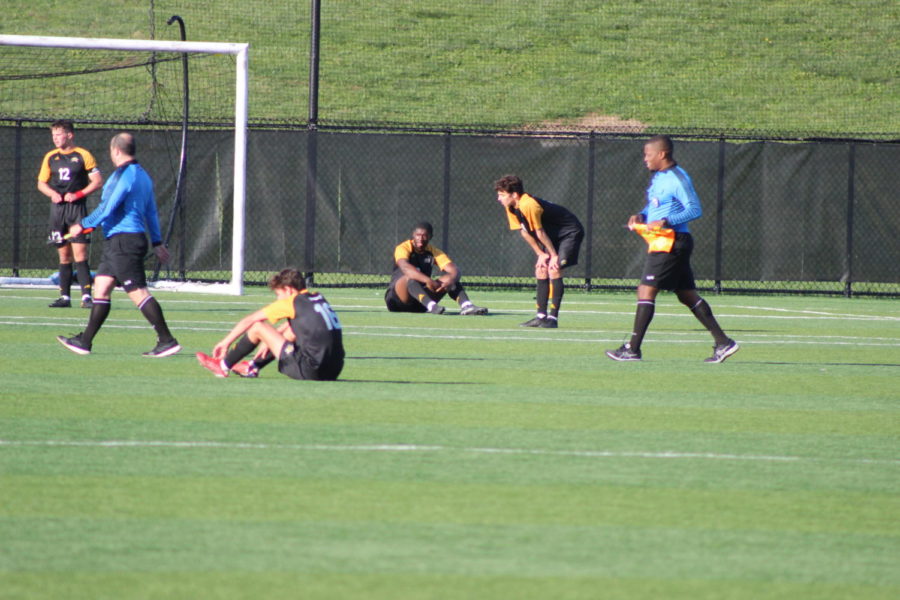 Members of the NKU mens soccer team moments after the game-winning goal by Oakland on Wednesday.