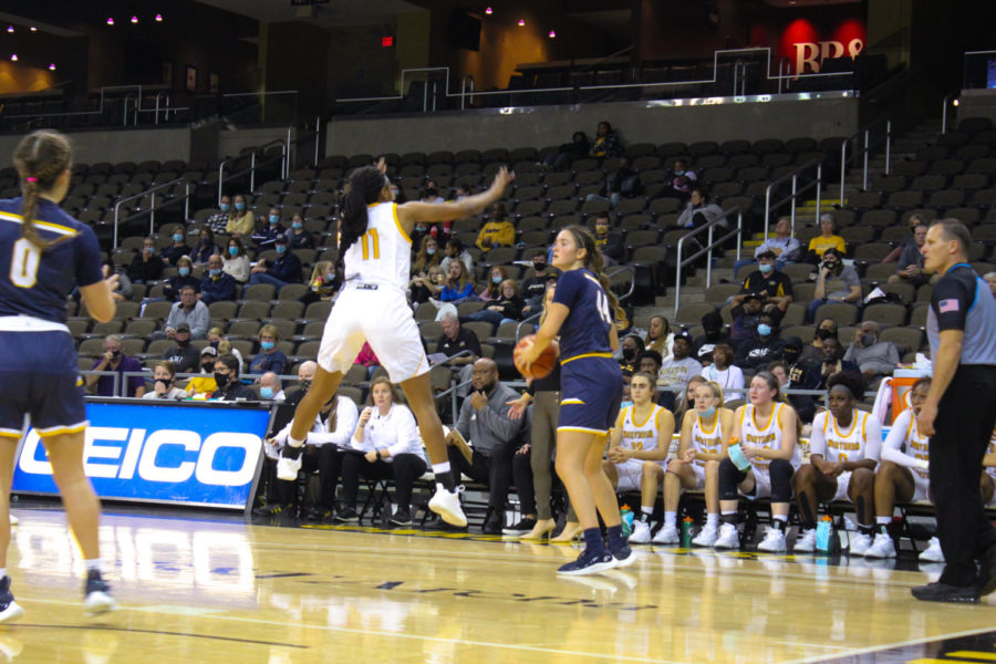 NKU guard Khamari Mitchell-Steen jumps in front of a Kent State player during the Norse loss on Wednesday.