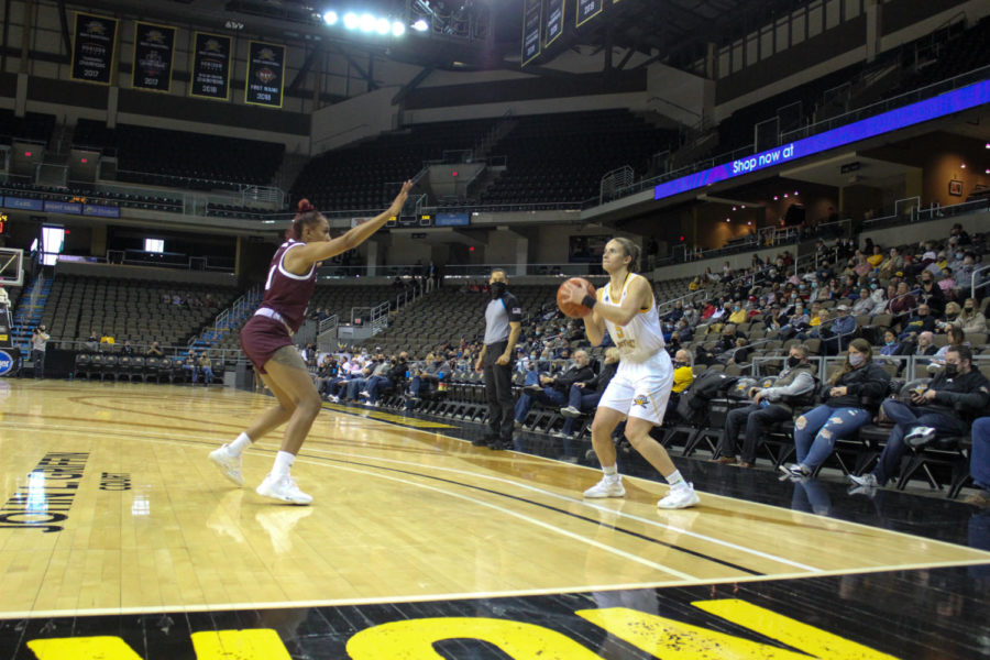 NKU guard Lindsey Duvall (5) takes a shot against Eastern Kentucky on Sunday. Duvall led the Norse with 20 points.