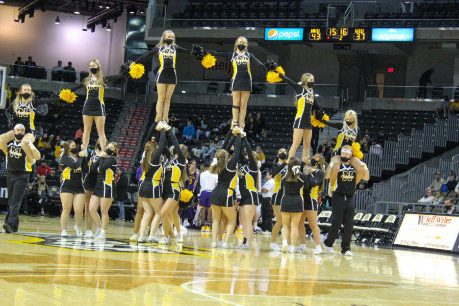 The NKU cheerleading team during a break in the contest on Monday against Western Illinois.