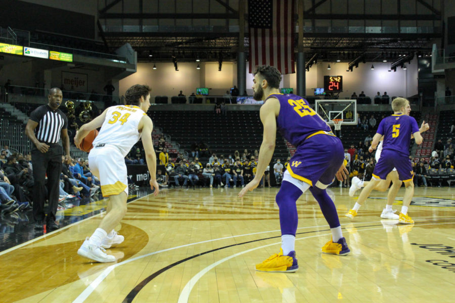 NKU guard Hubertas Pivorius (34) during NKU's 69-67 loss to Western Illinois. Pivorius finished with 20 points.