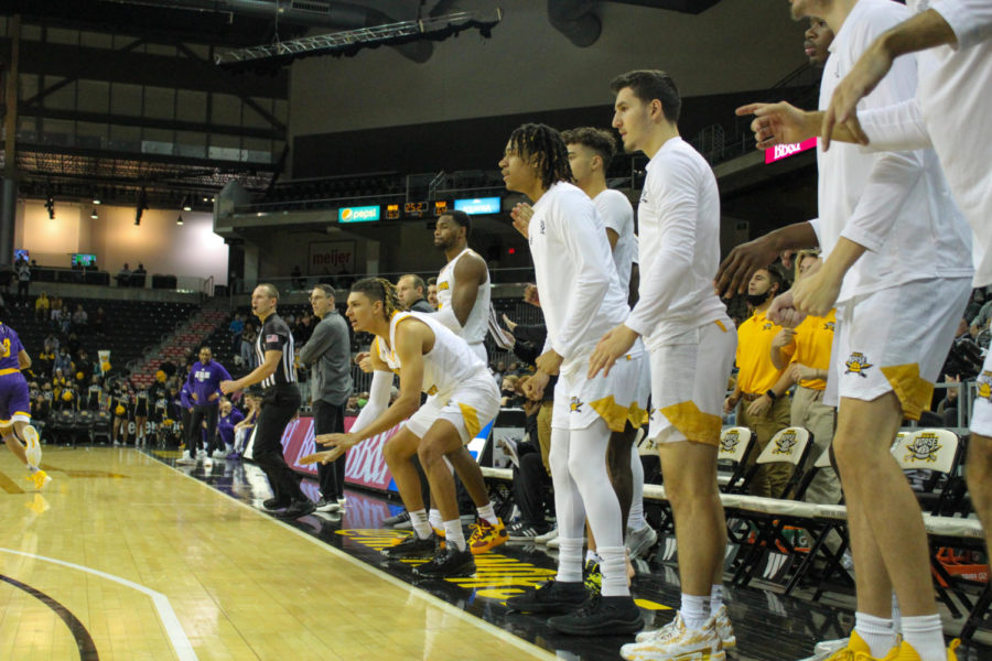 The NKU mens basketball team bench during Mondays game against Western Illinois.