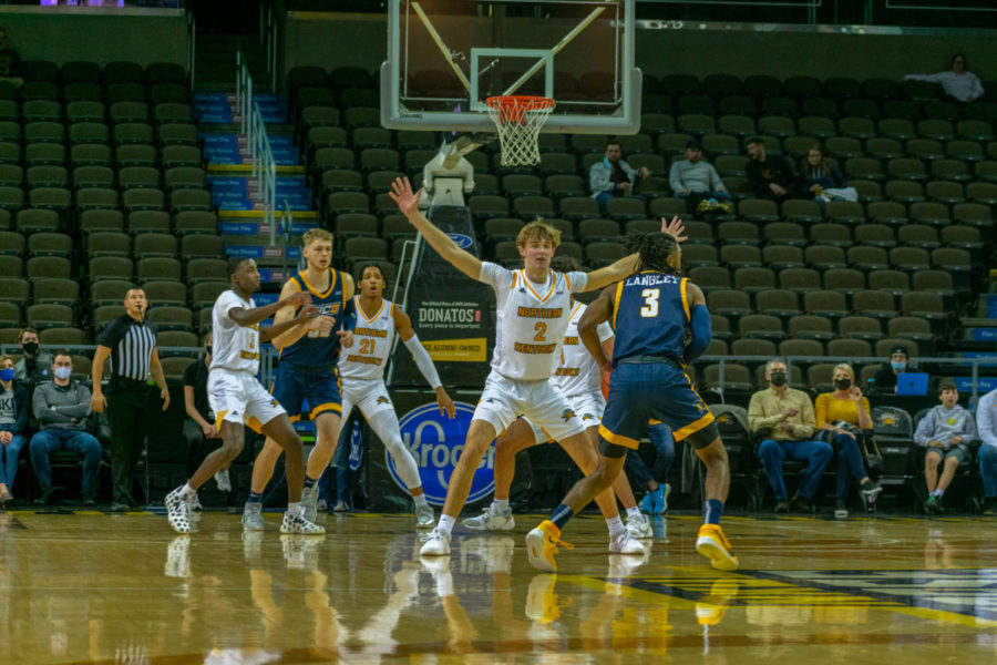 NKU guard Sam Vinson (2) defends against UNC Greensboro on Friday night.