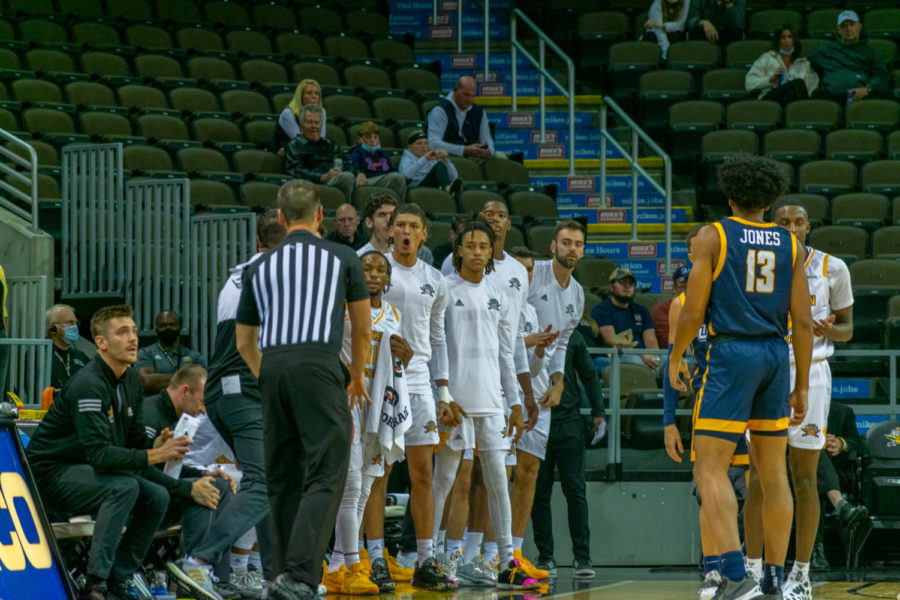 The NKU bench reacts to a play during Friday night's game against UNC Greensboro at BB&T Arena.