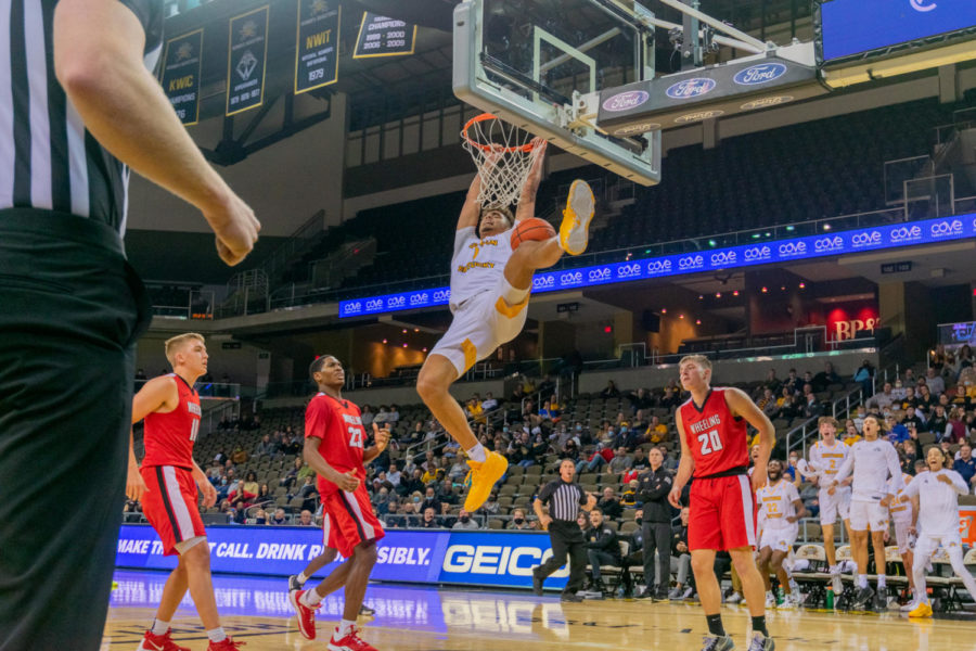 NKU guard Trey Robinson dunks the ball during the Norse win over Wheeling on Tuesday.