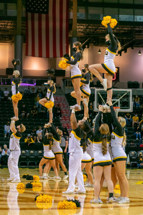 The NKU cheerleading team during the NKU-Wheeling game on Tuesday night at BB&T Arena.