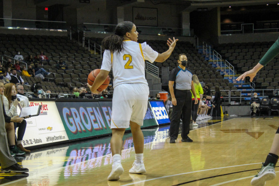 NKU guard Ivy Turner (2) calls for a teammate during Friday night's game against Cleveland State.