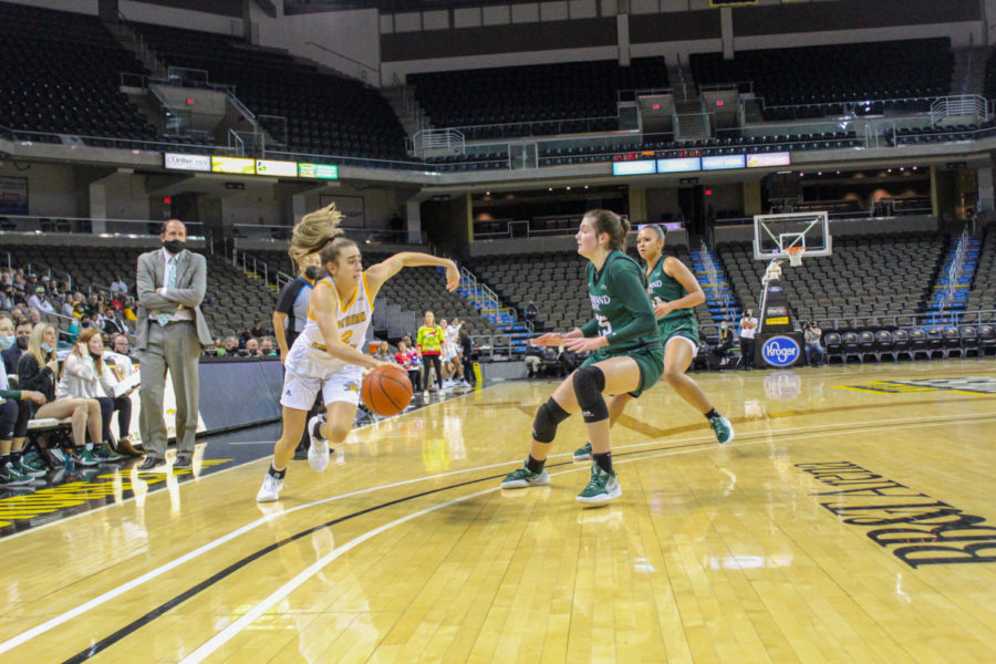 NKU guard Carissa Garcia drives past a Cleveland State defender on Friday night at BB&T Arena.