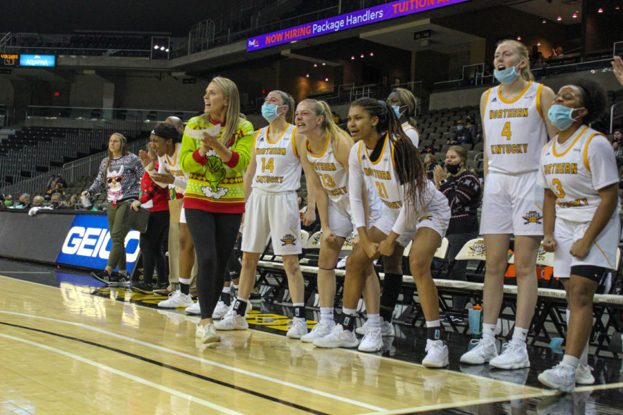 The NKU bench reacts during the game against Cleveland State on Friday. The Norse fell to the Vikings 63-52.