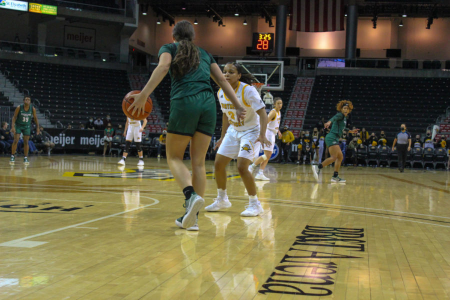 NKU guard Ivy Turner (2) defends a Cleveland State player on Friday night during the Norse 63-52 loss.