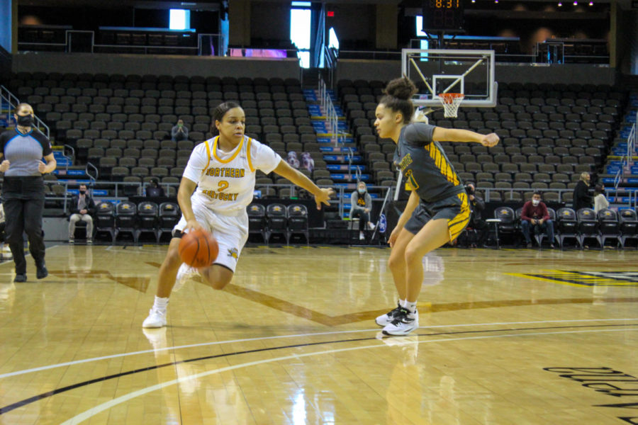 NKU guard Ivy Turner (2) drives past a defender for Kentucky State on Wednesday at BB&T Arena.