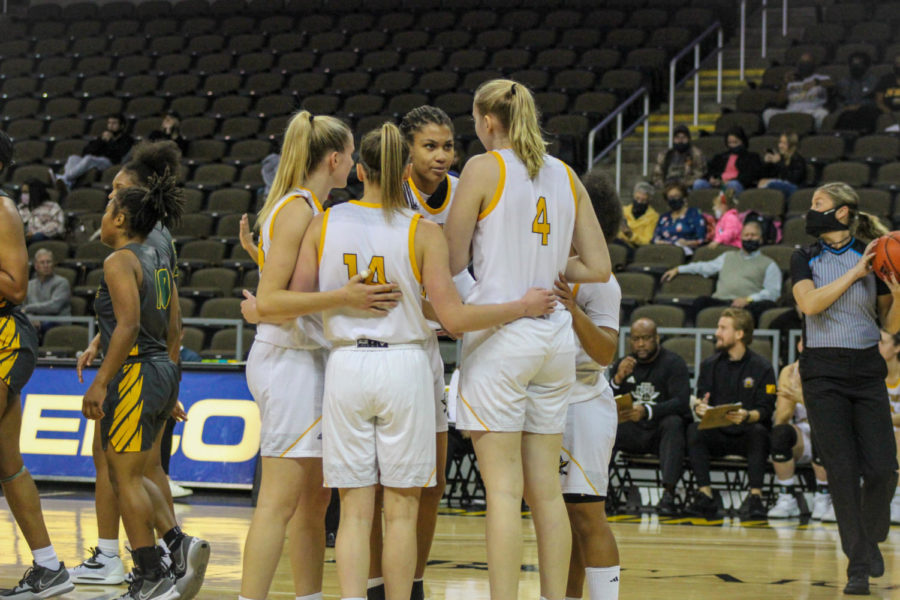 NKU women's basketball players huddle during their game against Kentucky State on Wednesday. The Norse picked up the 72-51 victory.