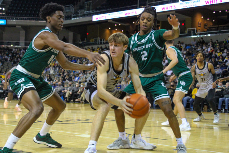 NKU guard Sam Vinson is double-teamed near the baseline on Thursday against Green Bay. The Norse came away with the 79-74 victory.