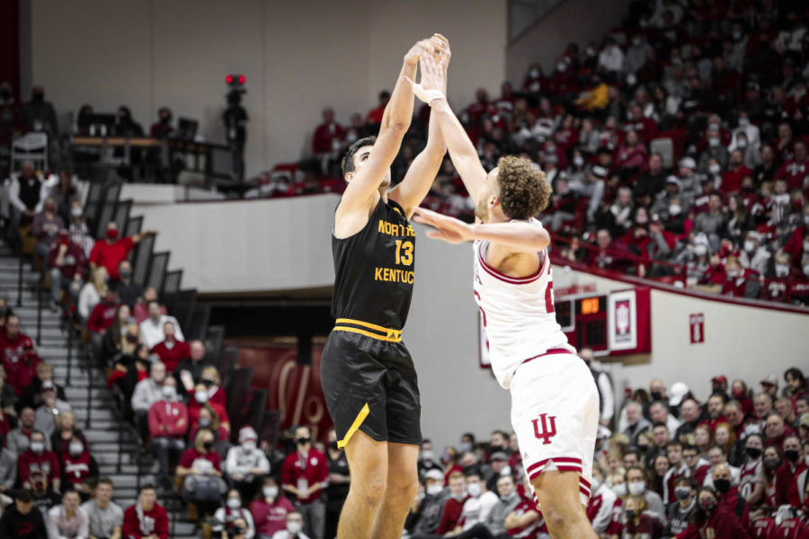 NKU forward David Böhm shoots against Indiana on Wednesday, as the Norse fell 79-61 to the Hoosiers.