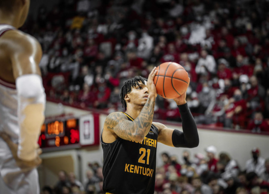 NKU forward Chris Brandon (21) during the Norse loss to Indiana on Wednesday.