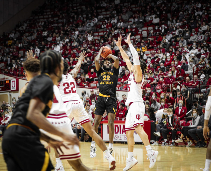 NKU guard Trevon Faulkner takes a shot against Indiana on Wednesday. Faulkner led the Norse with 22 points.
