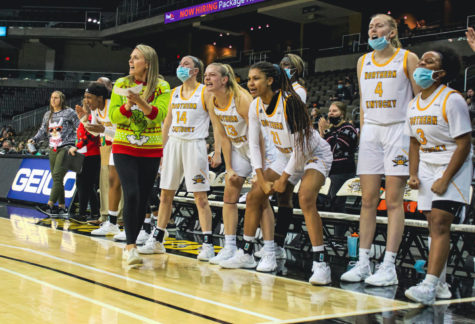 The NKU womens basketball bench reacts during a game against Cleveland State in December.