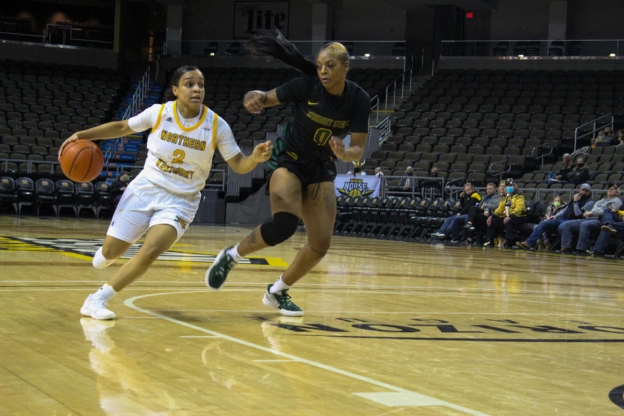 NKU guard Ivy Turner (2) drives past a defender on Thursday night as the Norse defeated Wright State.