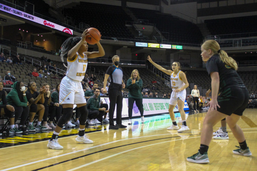 NKU guard Khamari Mitchell-Steen (11) looks to make a pass against Wright State on Thursday. Mitchell-Steen led the Norse with 23 points.