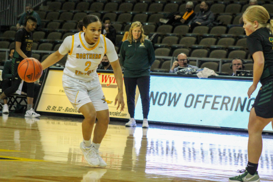 NKU guard Ivy Turner (2) drives against Wright State. Turner finished with 17 points while shooting 6-8 from the free-throw line.