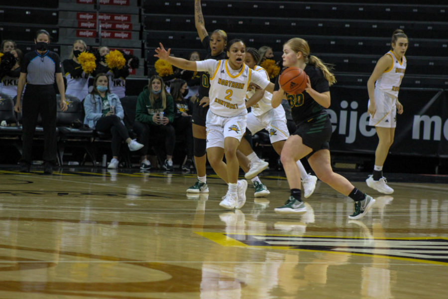 NKU guard Ivy Turner (2) defends against Wright State on Thursday at BB&T Arena.