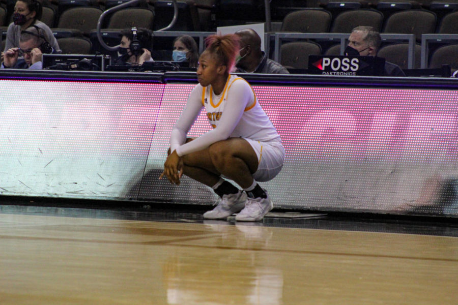 NKU forward Trinity Thompson waits to check into the game against UIC in February.