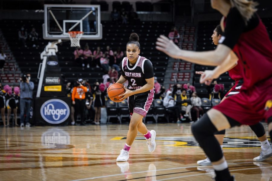 NKU guard Ivy Turner (2) makes a pass against IUPUI on Saturday. Turner shot 7-14 from the field in the loss.