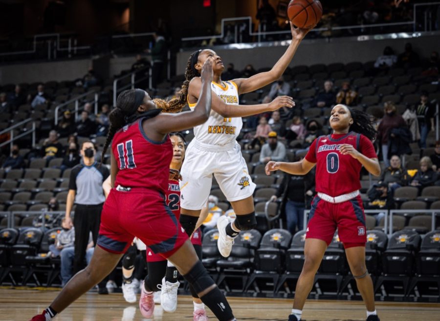 NKU guard Khamari Mitchell-Steen goes up for a layup against Detroit Mercy on Saturday.