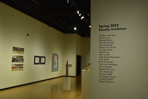 Wall leading into the exhibit with the names of the faculty featured in the gallery.
