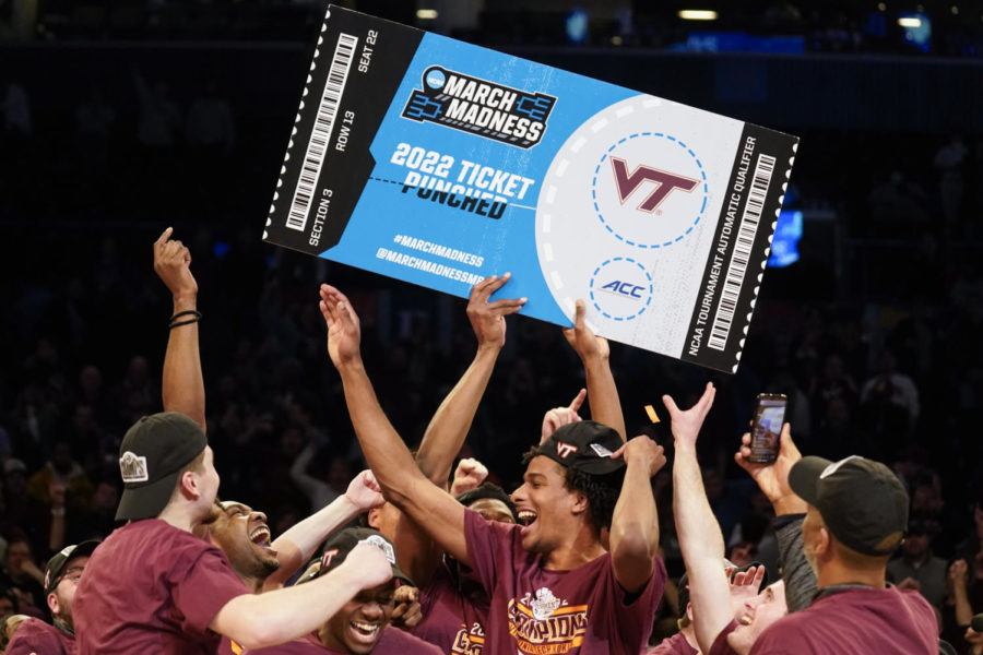 Virginia Tech celebrates after winning the NCAA college basketball championship game against Duke in the Atlantic Coast Conference mens tournament, Saturday, March 12, 2022, in New York. Virginia Tech won, 82-67. (AP Photo/John Minchillo)