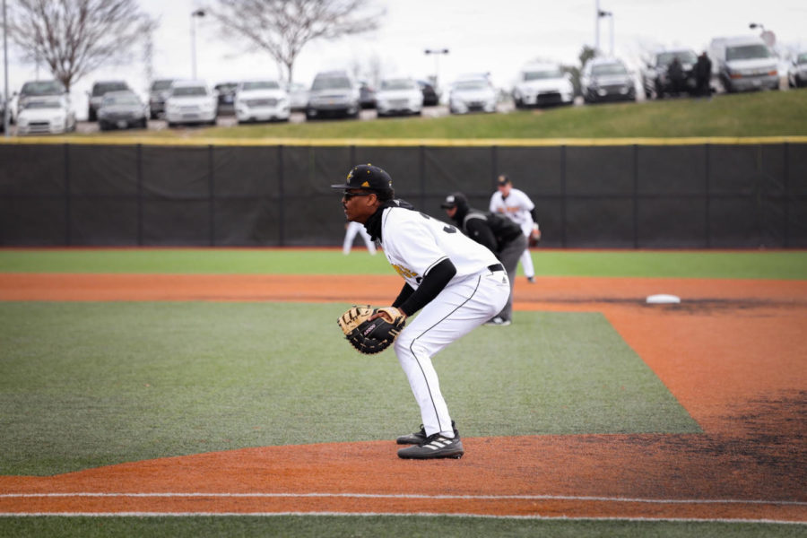 NKU first baseman Ryan Glass prepares for the pitch against Wright State.